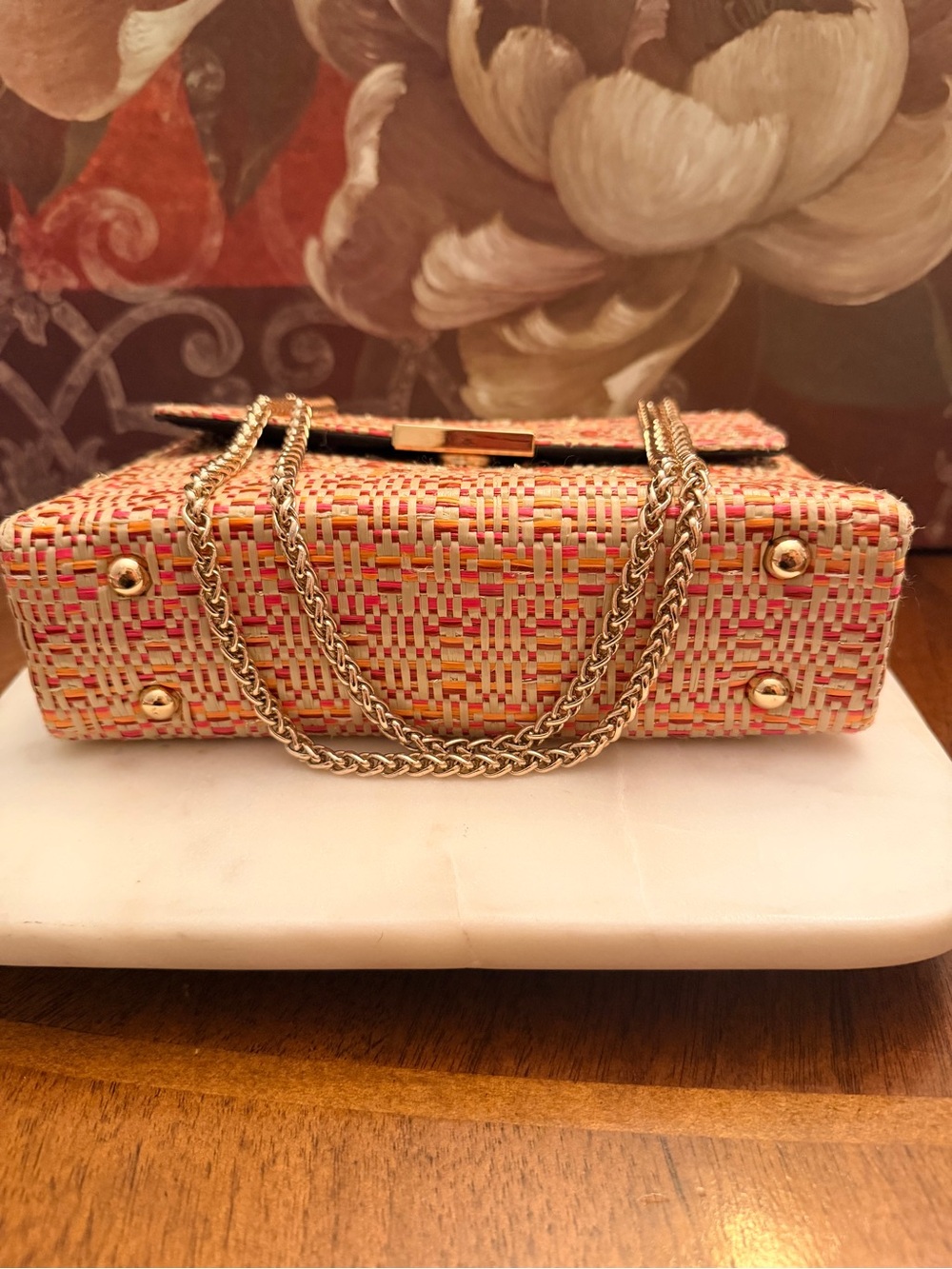 Dune London Pink Multicolor Raffia Woven Shoulder Bag w/Gold Chain (Like New) - Picture 7 of 12